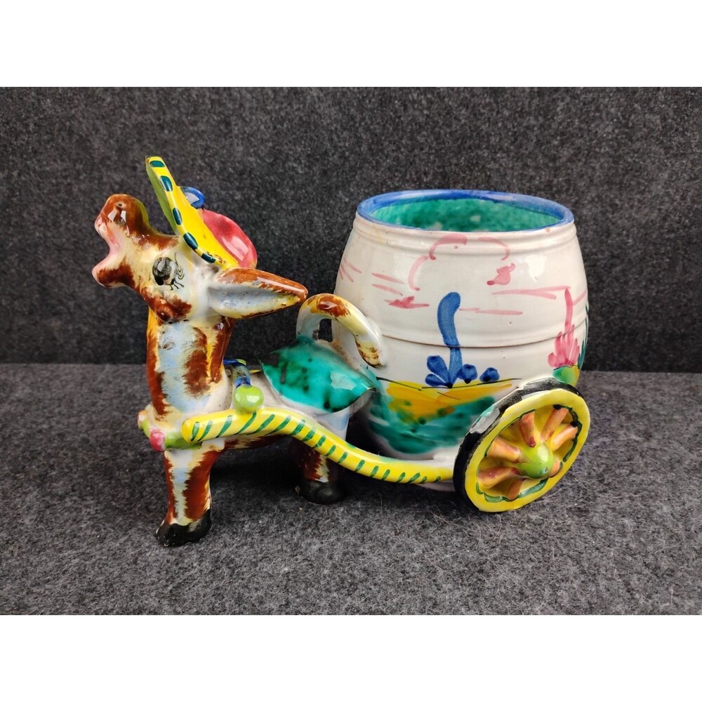 Vintage Hand Painted Italian Pottery Planter Donkey Cart Italy MCM Colorful